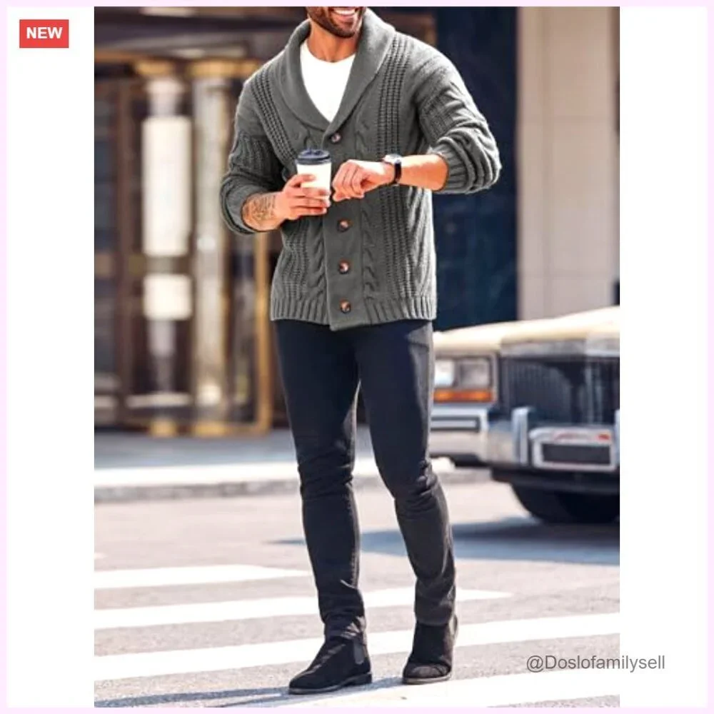 Men's Cable Knit Cardigan Shawl Collar Loose Fit Long Sleeve Sweater
